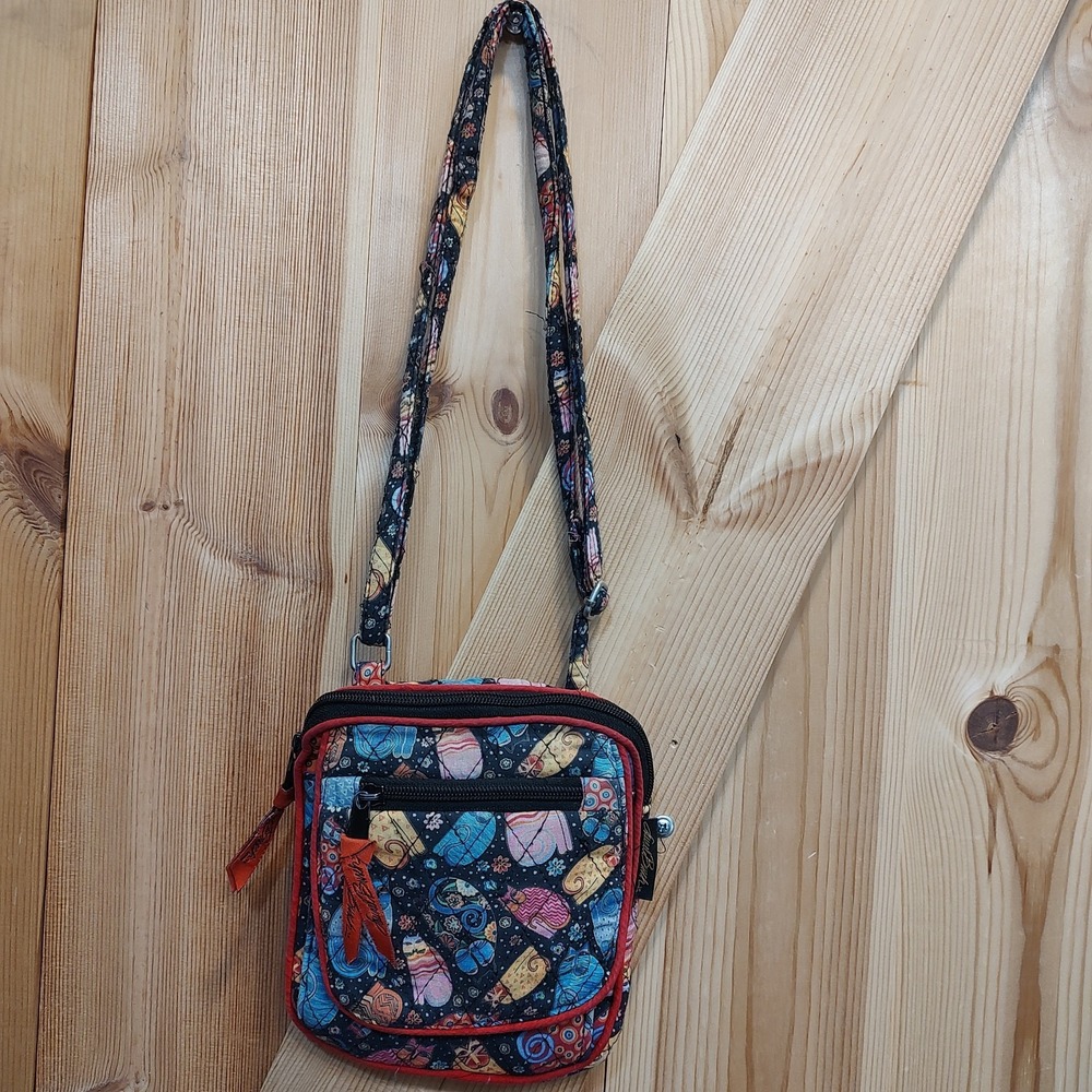 Laurel Burch Canvas Cat Crossbody Bag Folk Art Floral Kitten Purse Black Multi